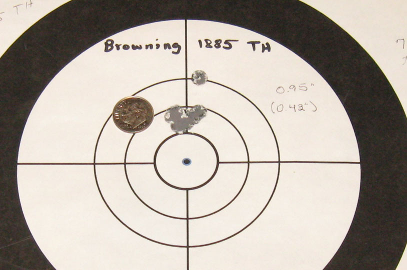 Eight-shot group, 50 yards, with Browning 1885, LEVERevolution handload