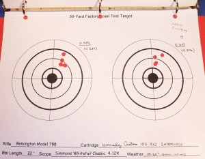 Two four-shot groups, Hornady Custom 150-gr load, Remington M788