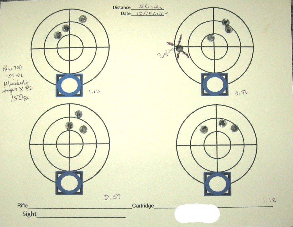 Four groups, Winchester 150-gr Power Point.  Note 2 + 1 tendency