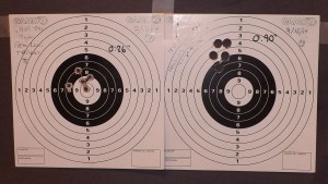 Five-Shot Groups:  Left, Remington 98-grain .32 Long Target;  Right Handload, 1.7 grains Bullseye with Mag Tech 98-grain hollow-base wadcutter