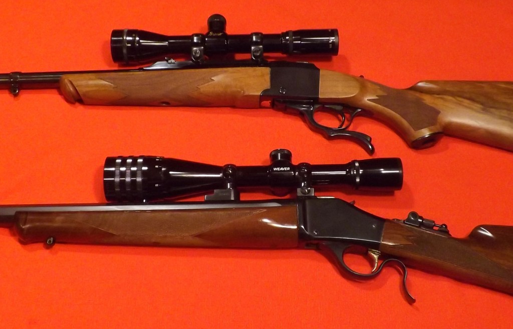 Top:  Ruger No. 1S .300 H&H with Burris 6X target scope.  Bottom: Browning 1885 Traditional Hunter in .30-30 with Weaver KT-15X target scope 