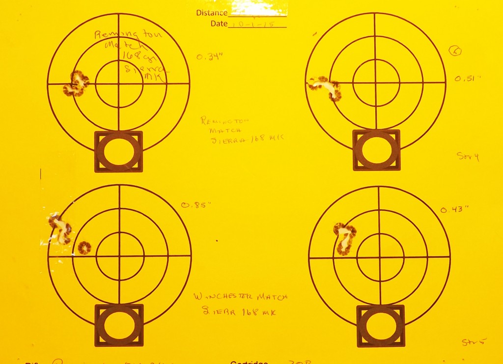 Top: two groups fired with Remington Match ammo; Bottom: Two groups with Winchester Match ammo.