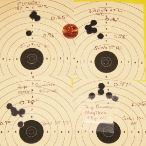 Four 5-shot groups fired with .32 S&W Long factory ammo